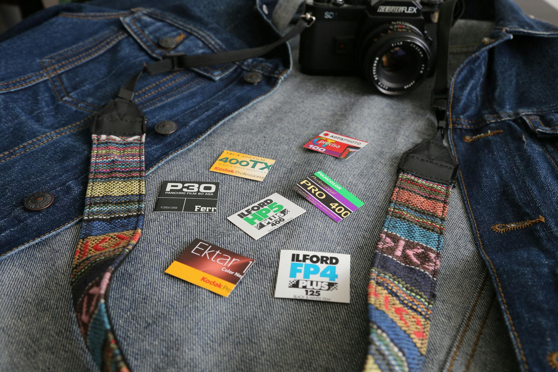 Camera and Cut Camera Film Packagings Lying on a Denim Jacket