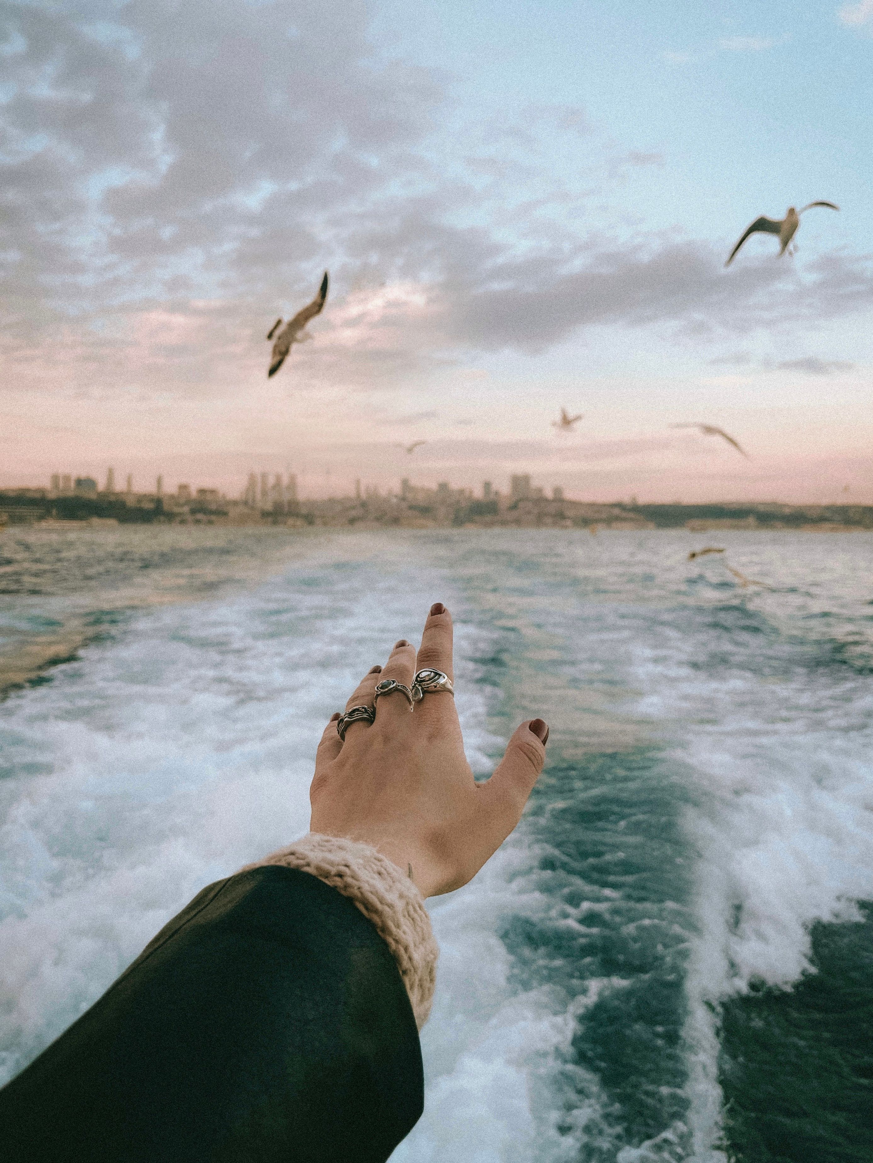 A hand reaches out towards flying seagulls over the waves of İstanbul, capturing a serene moment.