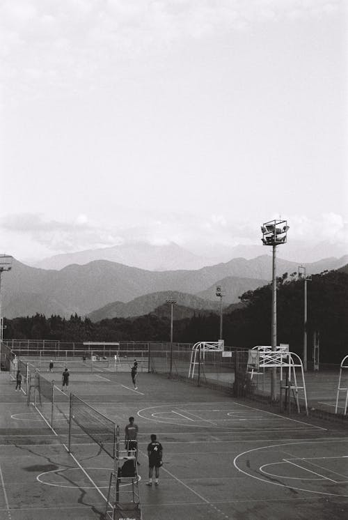 Black and White Photo of Sports Court 
