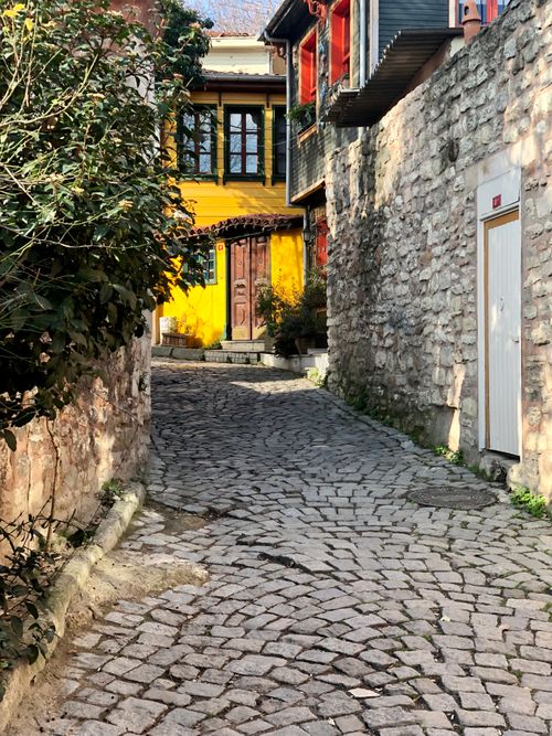 Free A narrow cobblestone street with colorful facades in İstanbul, Türkiye, showcasing historical architecture. Stock Photo