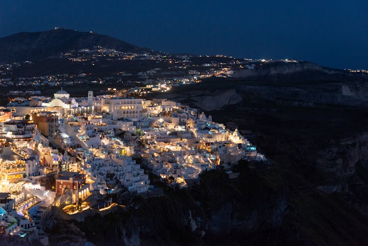 An Aerial Shot Of Santorini At Night