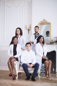 Portrait of five diverse medical professionals in a stylish indoor setting.