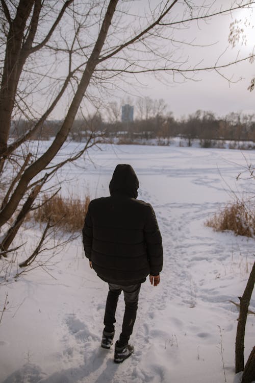 Man Walking in the Snow in the Countryside 