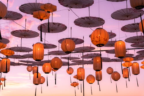 Illuminated Lanterns Hanging  on the Beach