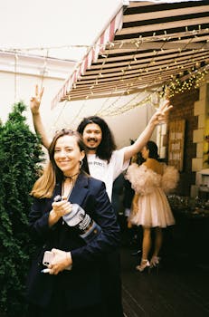A cheerful gathering of friends enjoying a lively outdoor party.