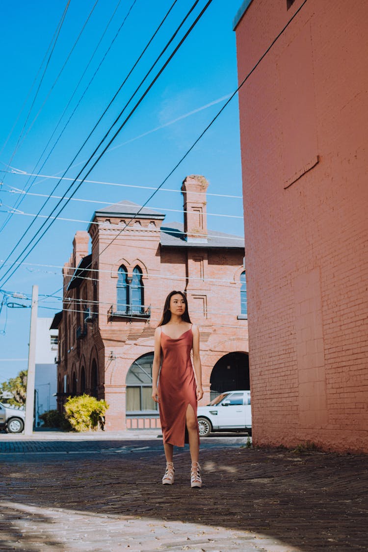 Woman In Brown Dress Walking On Street