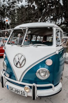 Front view of a classic Volkswagen van outdoors, showcasing retro design.