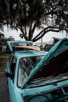 A vintage car with the hood open, surfboard on top, against a backdrop of trees and moss. Urban vibe.