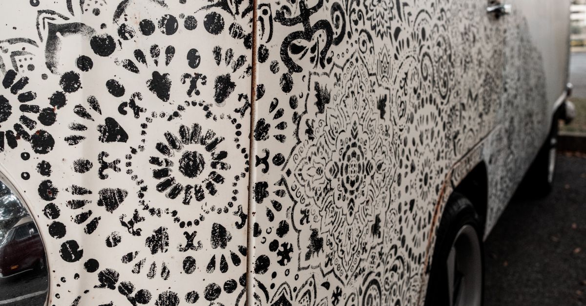 Vw Line Patterns Side of a White Volkswagen Type 2 Decorated with a Painted Floral ...