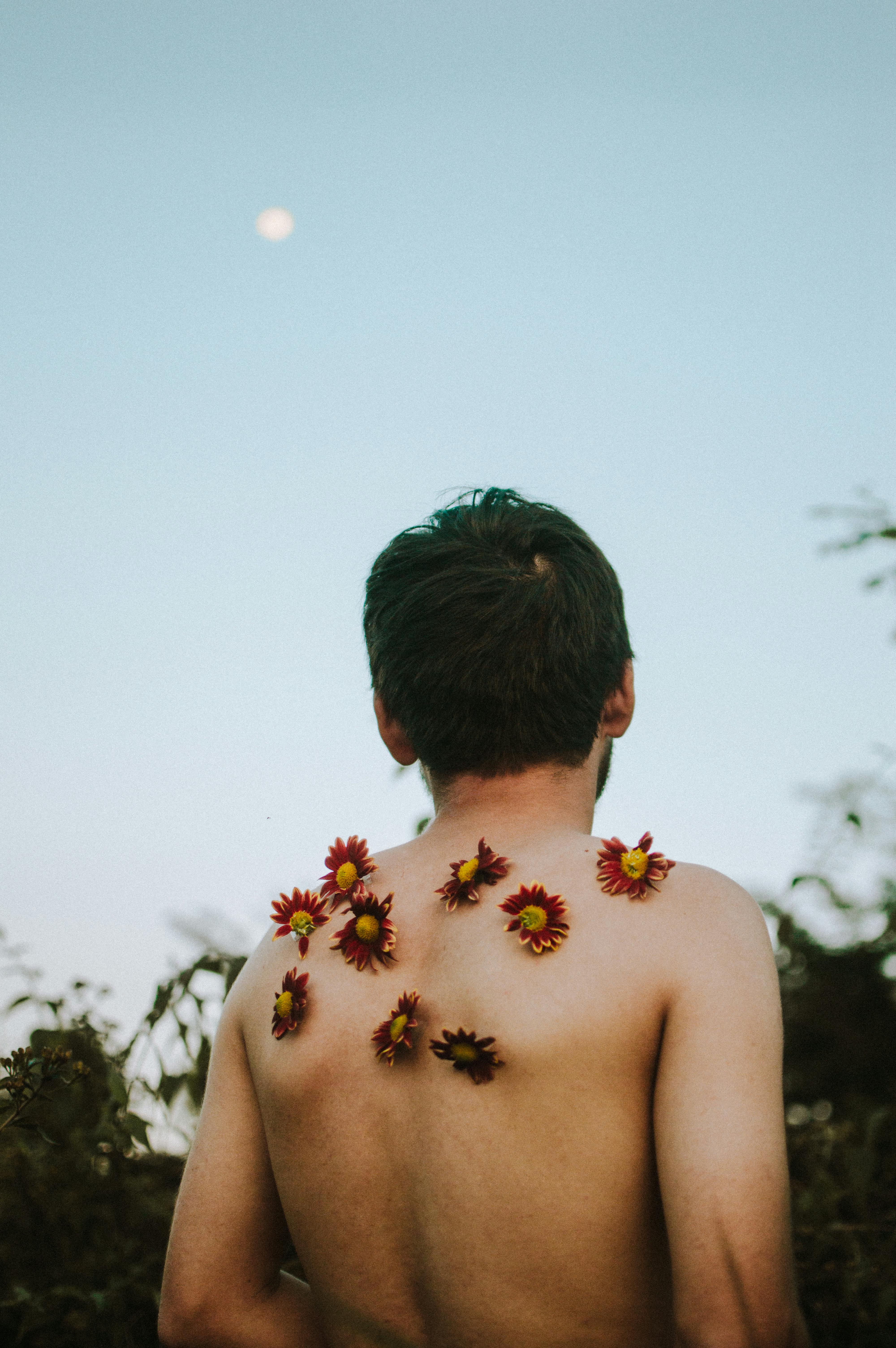 A shirtless man with wildflowers on his back stands in a blooming field under a summer sky.