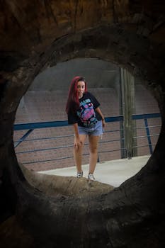 Fashionable young woman with red hair poses through circular hole indoors.