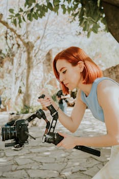 Caucasian woman skillfully operating a camera stabilizer in a beautiful sunny outdoor setting.
