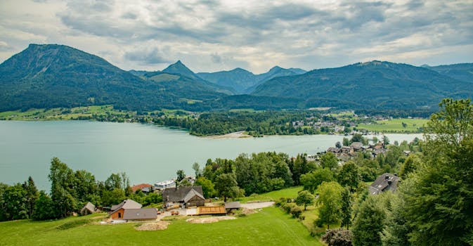 Scenic view of an Alpine village nestled by a tranquil lake and surrounded by lush hills.
