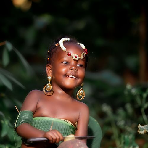 Free Smiling child wearing tribal costume with accessories in a lush forest. Stock Photo