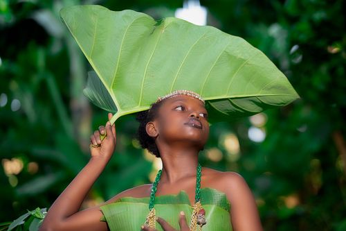 Free Striking portrait of a young woman wearing a leaf headdress with tribal accessories. Stock Photo