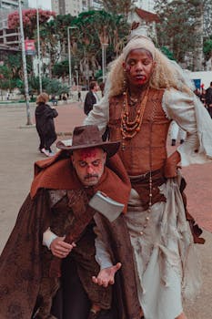 Two people in elaborate Halloween costumes and makeup celebrate in São Paulo.