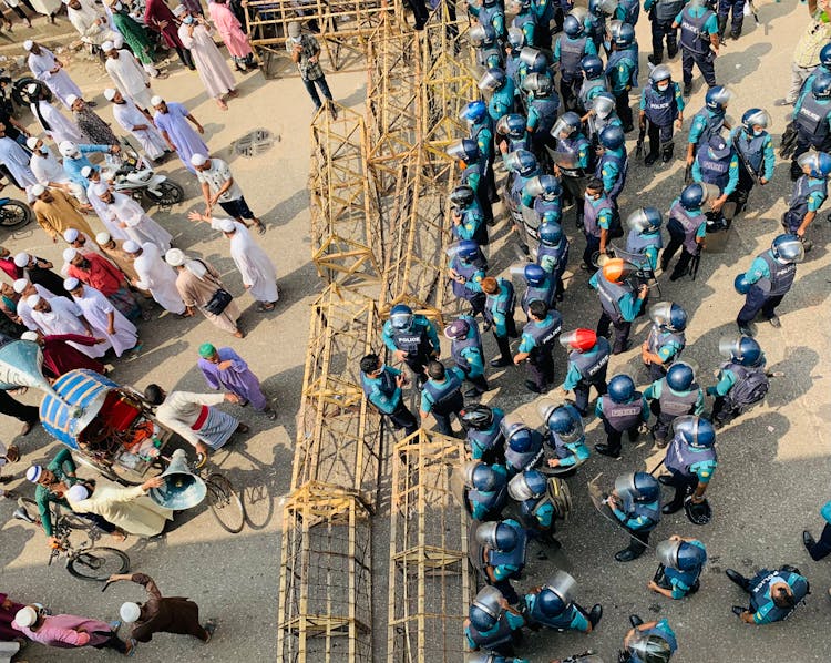 Top View Of The Police And Protestrs During A March 