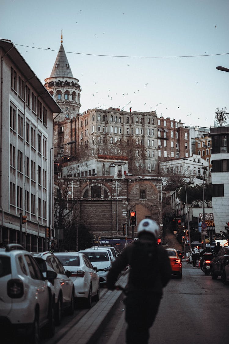 Cars On Road Near Galata Tower