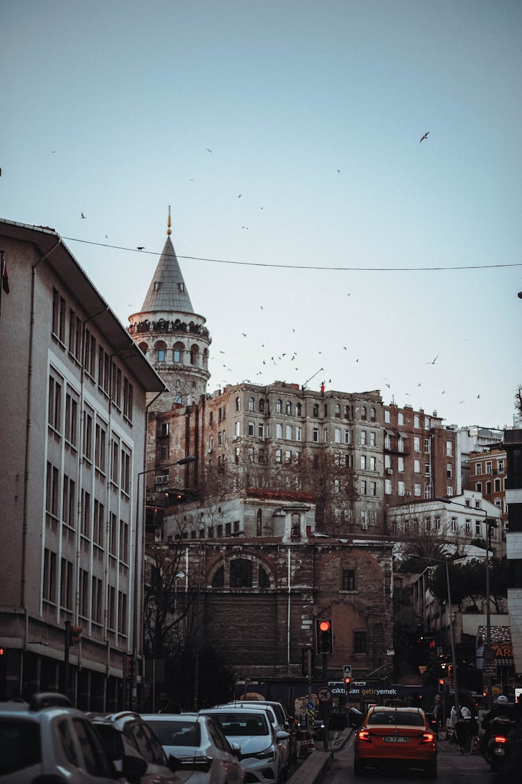 Cars On Road Near Galata Tower