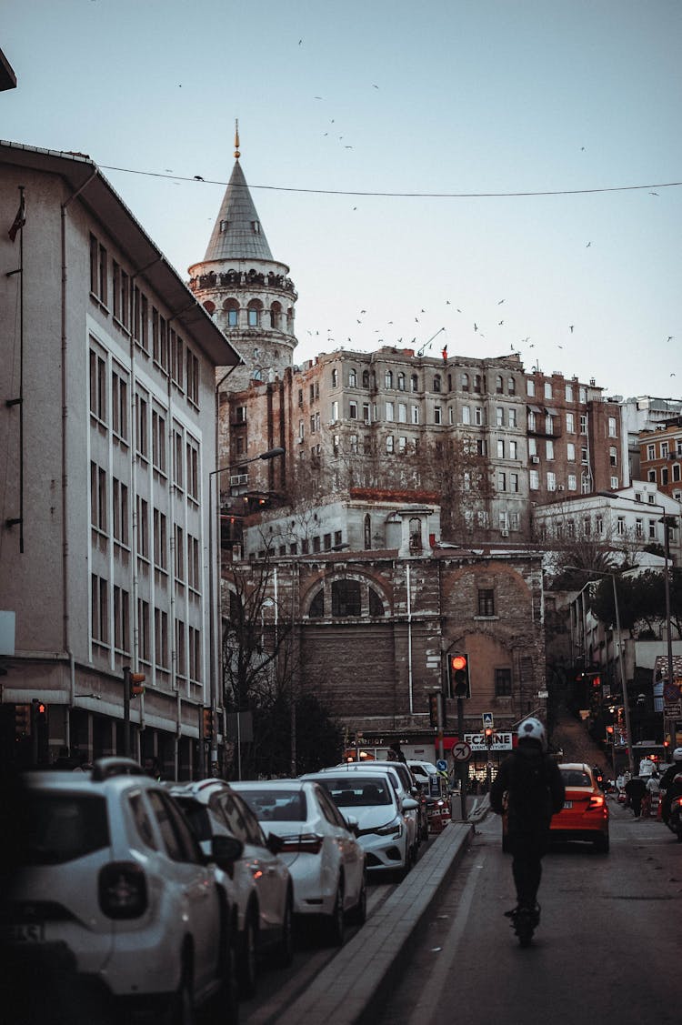 Cars On Road Near Galata Tower