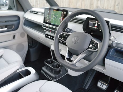 Sleek car interior featuring a digital dashboard, intuitive controls, and comfortable seating.