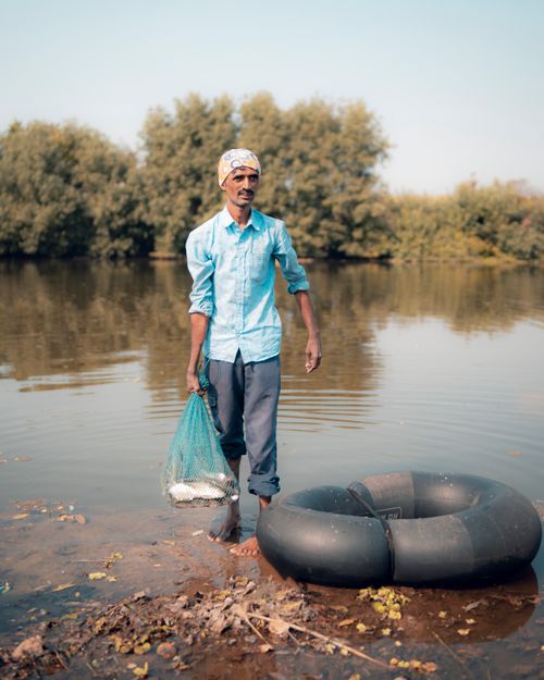Free A rural fisherman stands in a serene river holding a net full of fish on a sunny day. Stock Photo