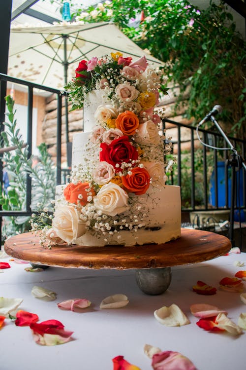 Close-up of a Layer Cake Decorated with Flowers 