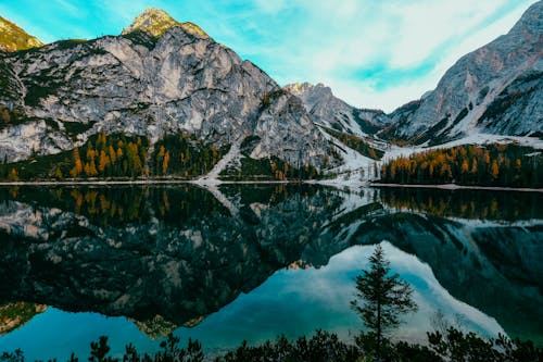 Free Reflection of Mountain on Lake Braies Stock Photo