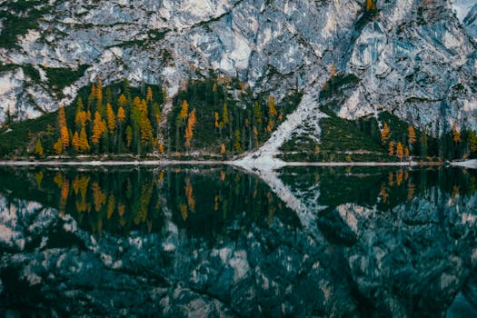 平静的高山湖泊倒映着充满活力的秋树，四周环绕着岩石悬崖