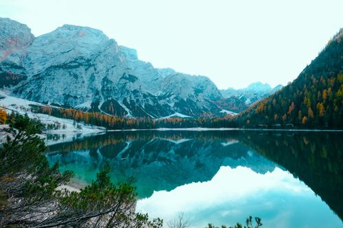Free Breathtaking view of a mountain lake with autumn trees and clear reflection. Stock Photo