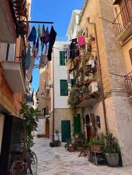 Explore the picturesque alley in Polignano a Mare, Italy, with hanging clothes and lush balconies.
