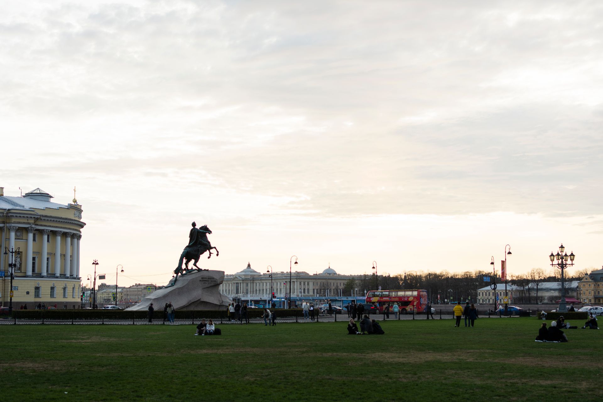 View of the Bronze Horseman statue at sunset in Saint Petersburg's Senate Square, Russia.