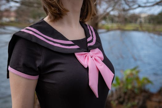 A close-up of a woman wearing a sailor blouse with a pink bow in an outdoor setting.