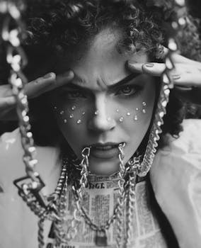 Intense black and white portrait of a woman with metal chains and facial gems.