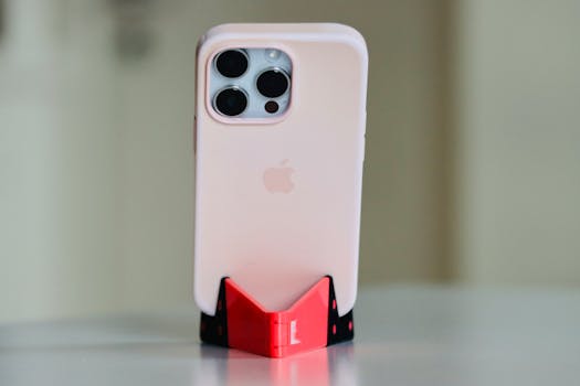 Close-up of a smartphone with a case on a stylish stand indoors.