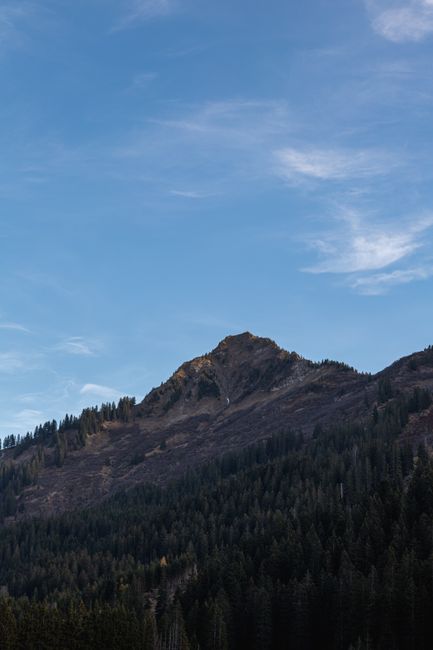 Majestic mountain peak under a clear blue sky with lush forest. Serene and picturesque.