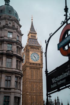 View of Big Ben tower next to the Westminster Subway sign in London, England.