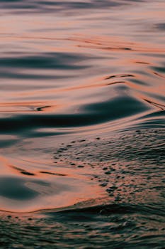 Close-up of gentle water ripples reflecting a warm sunset glow, creating a serene atmosphere.