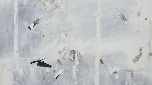 A painting of birds flying through a wall