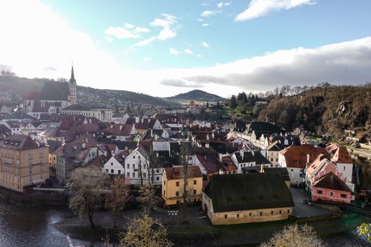 Stunning aerial view of Český Krumlov, showcasing its historic architecture and scenic landscape.