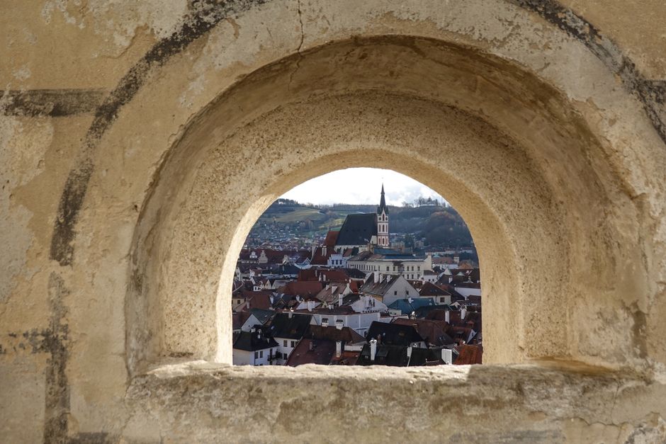 Panoramic view of Cesky Krumlov castle and Vltava river, a UNESCO site