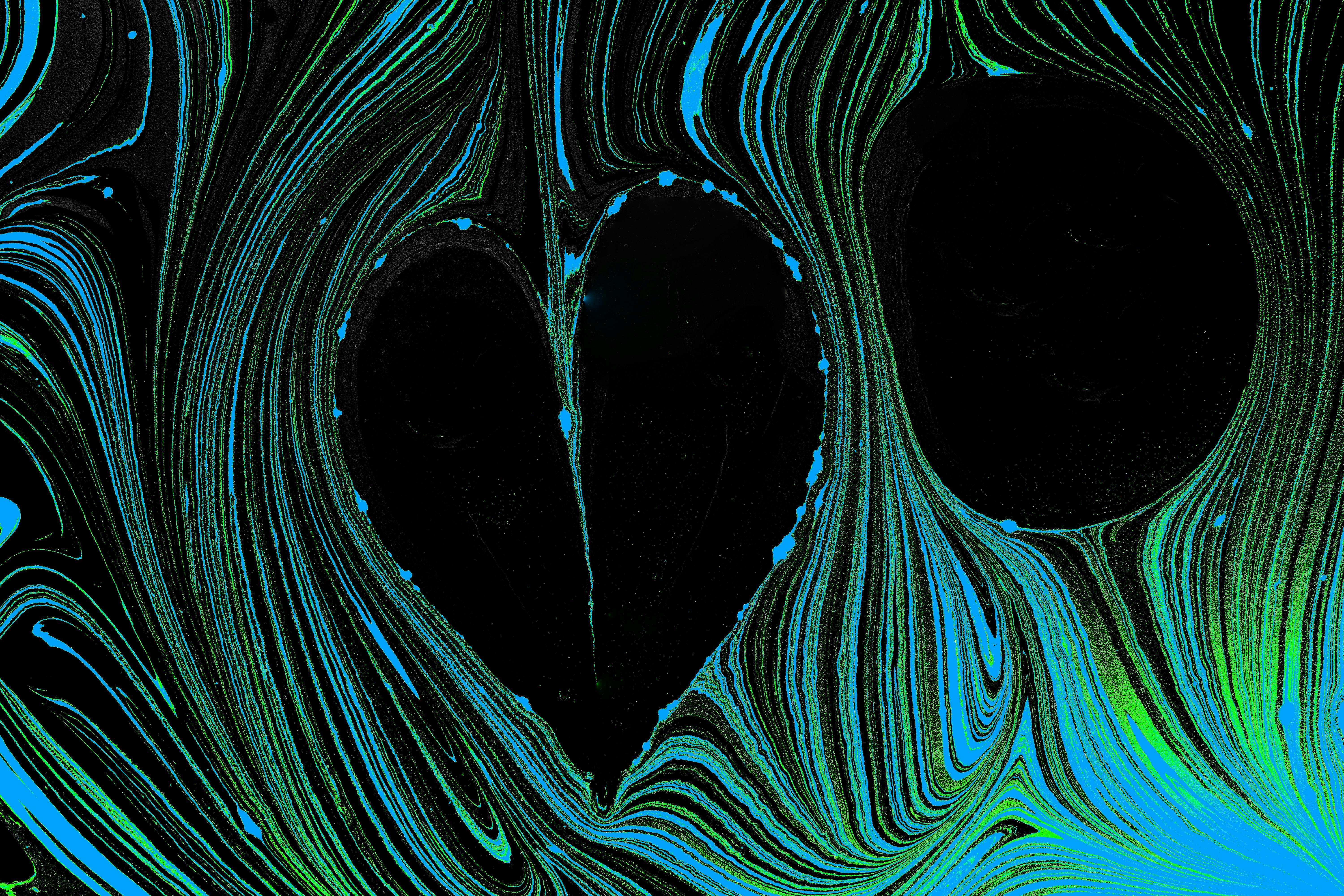 a black and blue heart shaped design on a green background