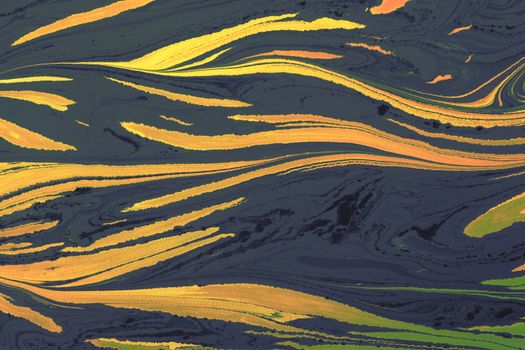 Bold and vibrant abstract liquid pattern with flowing yellow and blue hues.