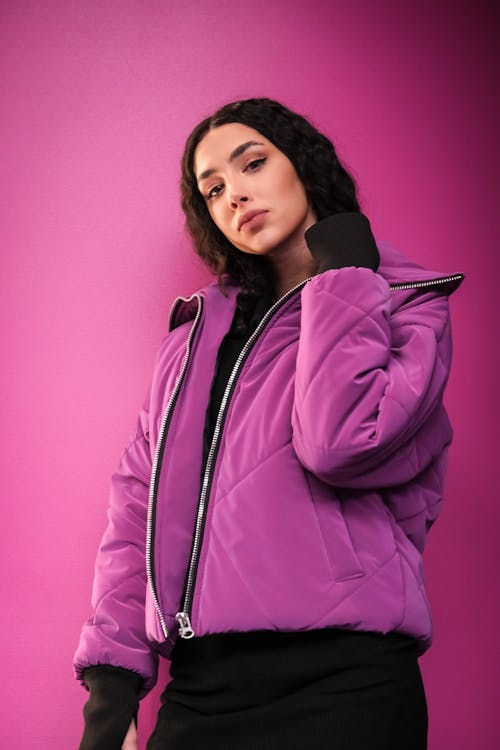 Standing Woman in Violet Warm Short Bomber Jacket