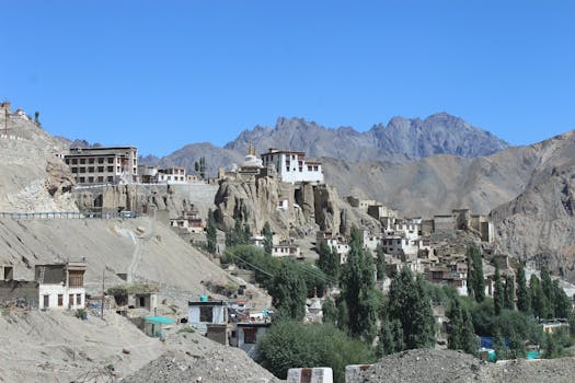 Scenic view of Lamayuru Monastery amidst the rugged mountains of Leh.