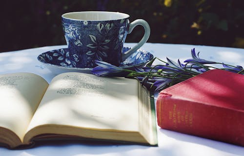 閉じた赤い本の横にある白いテーブルの上に開いた本とソーサーの上にある丸い青い葉のセラミックカップ