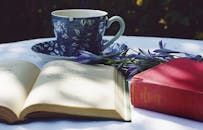 阳光洒在宁静的户外场景中，桌上有茶杯、摊开的书和鲜花