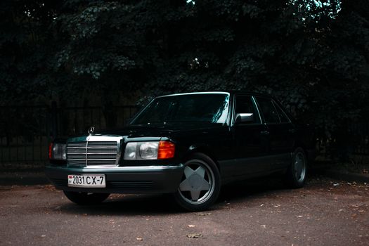 Vintage Mercedes-Benz W126 sedan parked amidst dense greenery.