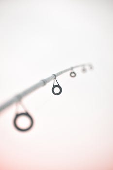 A fishing rod captured in a minimalist style with rings in focus against a white background.