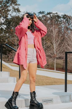 Stylish young woman in pink jacket and boots posing outdoors on a sunny day.